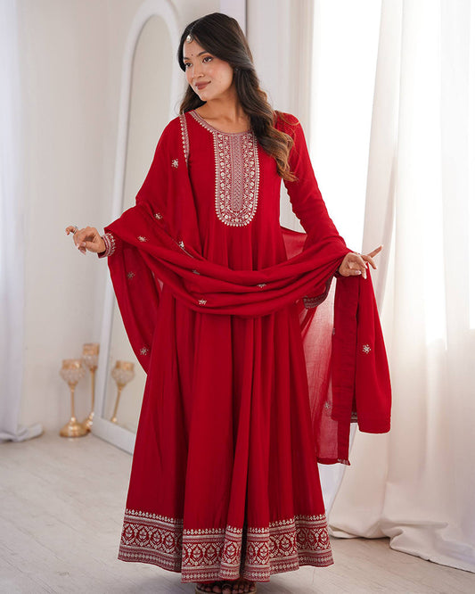 Dark Red Color Vichitra Silk Embroidered Gown