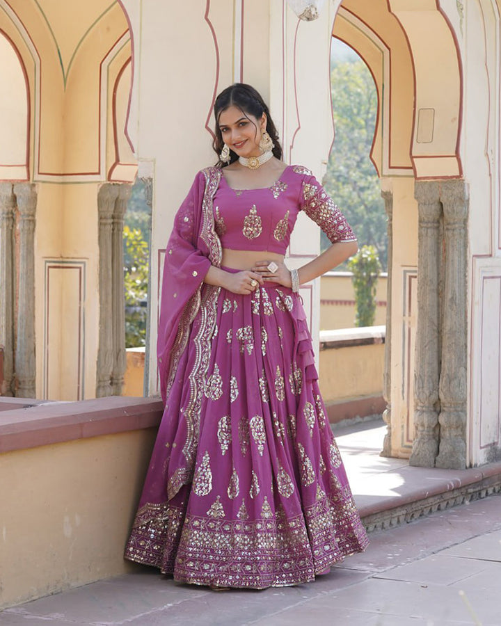 Wedding Wear Onion Color Georgette Embroidery Lehenga Choli