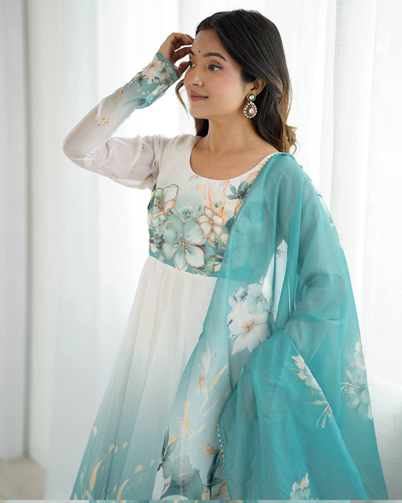 Aqua Blue Color Organza Silk Three Piece Anarkali Suit