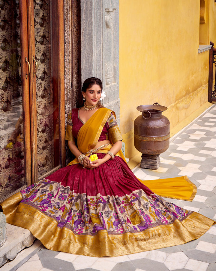 Red Color Poly Chanderi Kalamkari Printed Lehenga Choli