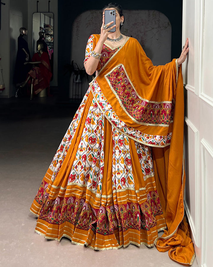 Mustard Color Rayon Printed Gamthi Work Navratri Lehenga Choli