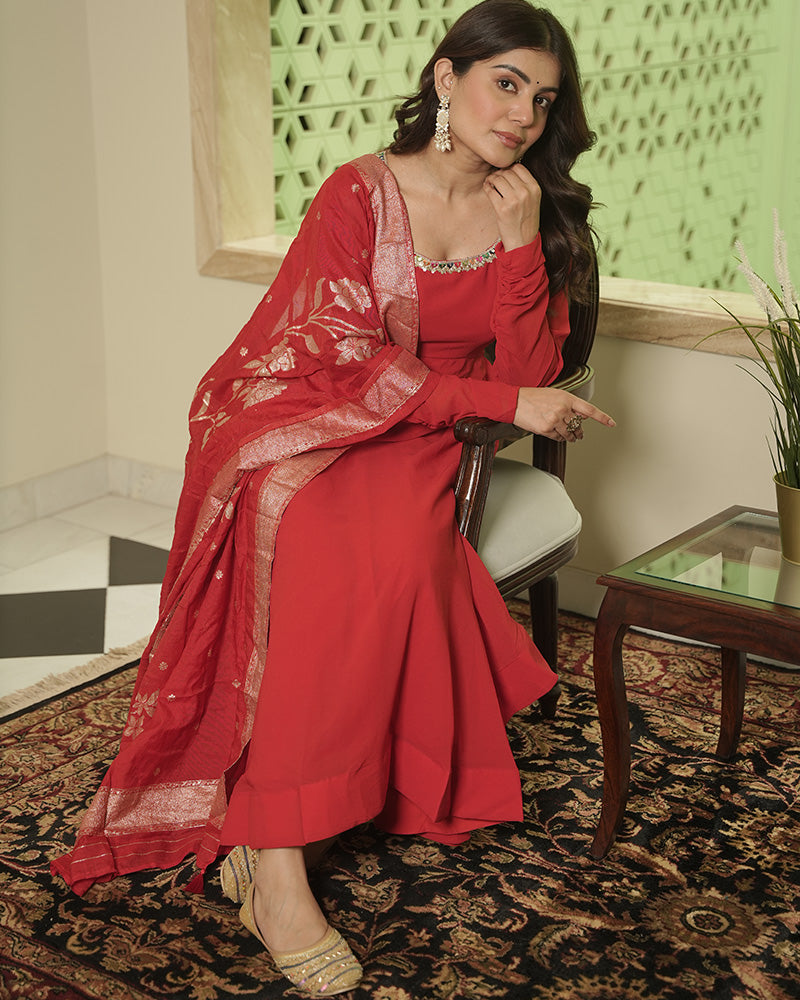 Red Color Georgette Anarkali Suit With Dyable Dupatta