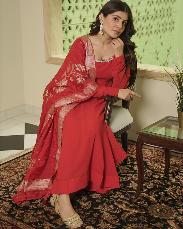 Red Color Georgette Anarkali Suit With Dyable Dupatta