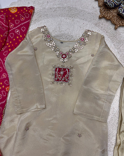 Gold Cream Color Fendy Chiffon Kurti Suit