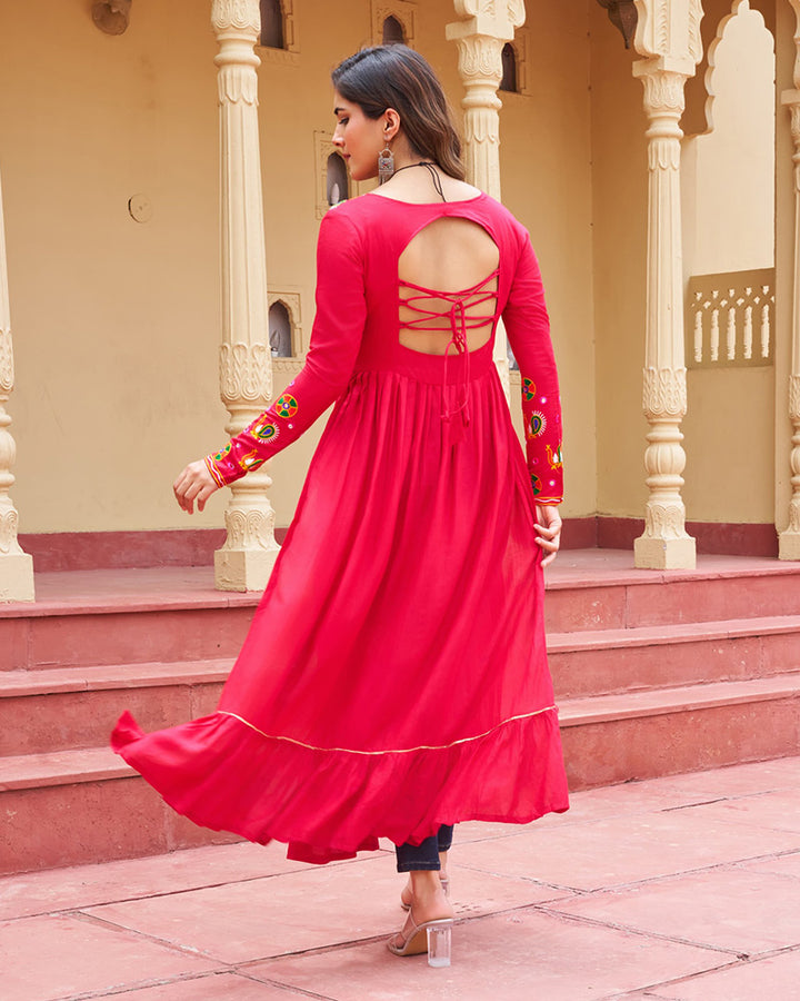 Vibrant Pink Flared Rayon Kurti With Gamthi Work