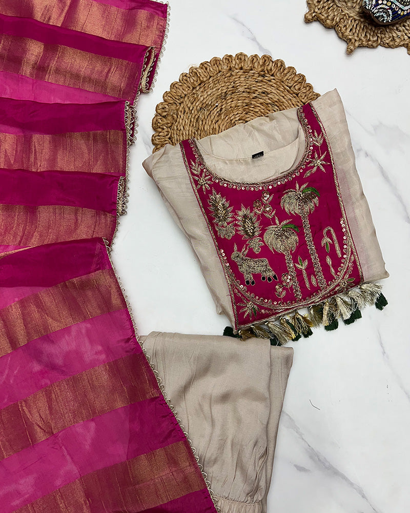 Cream Color Soft Organza Three Piece Kurti Suit