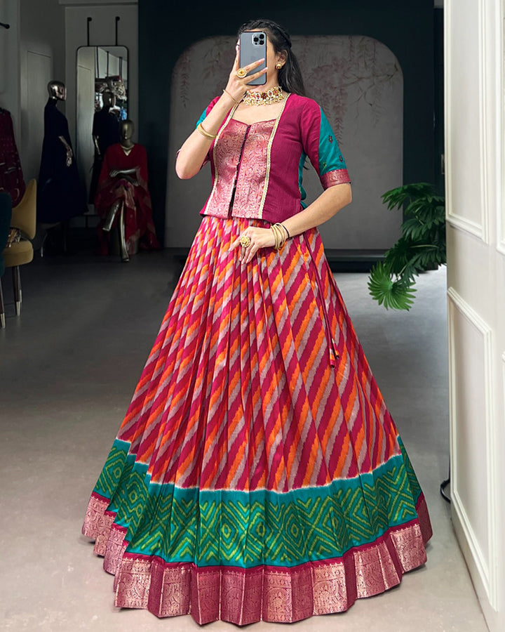 Red Color Tasar Silk Printed Zari Weaving Lehenga Choli