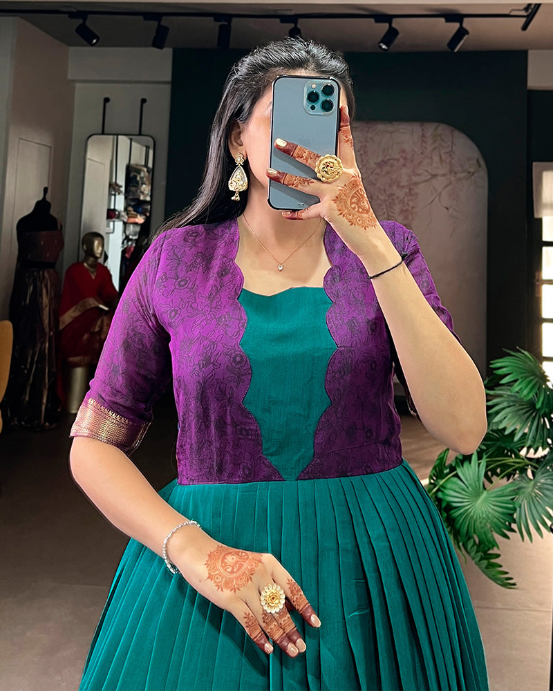 Teal Green Color Viscose Chanderi Floral Printed Gown