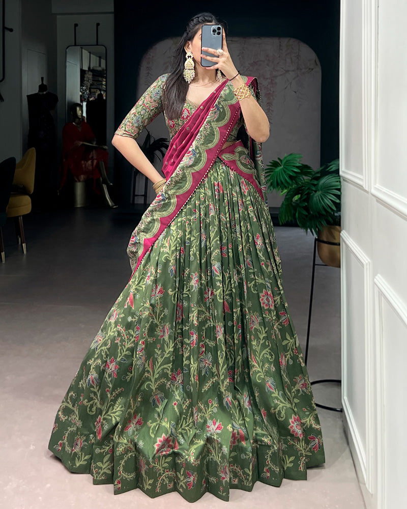 Bottle Green Color Tasar Silk Foil Printed Lehenga Choli