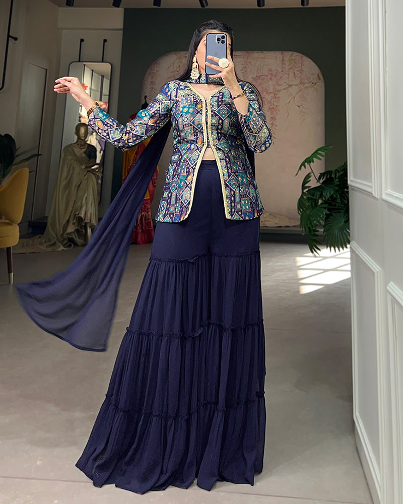 Firozi Color Jacquard Silk Kurti With Georgette Plazzo Suit
