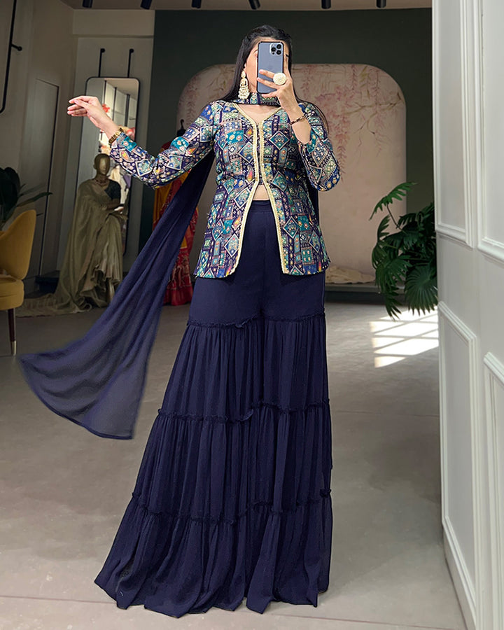 Firozi Color Jacquard Silk Kurti With Georgette Plazzo Suit