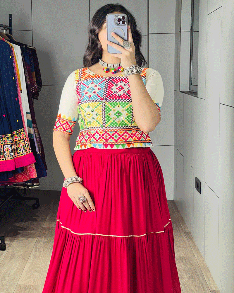 White And Gajari Pink Color Rayon cotton Navratri Lehenga Set