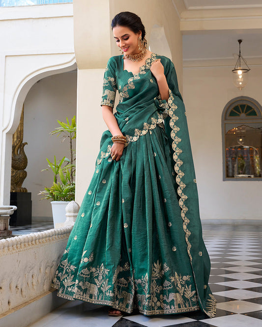 Teal Green Color Gold Crush Embroidered Lehenga Choli