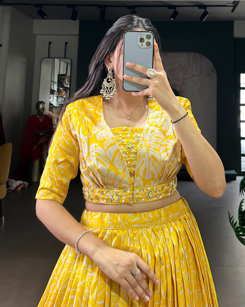 Yellow Color Tasar Silk Laheriya Printed Lehenga Choli