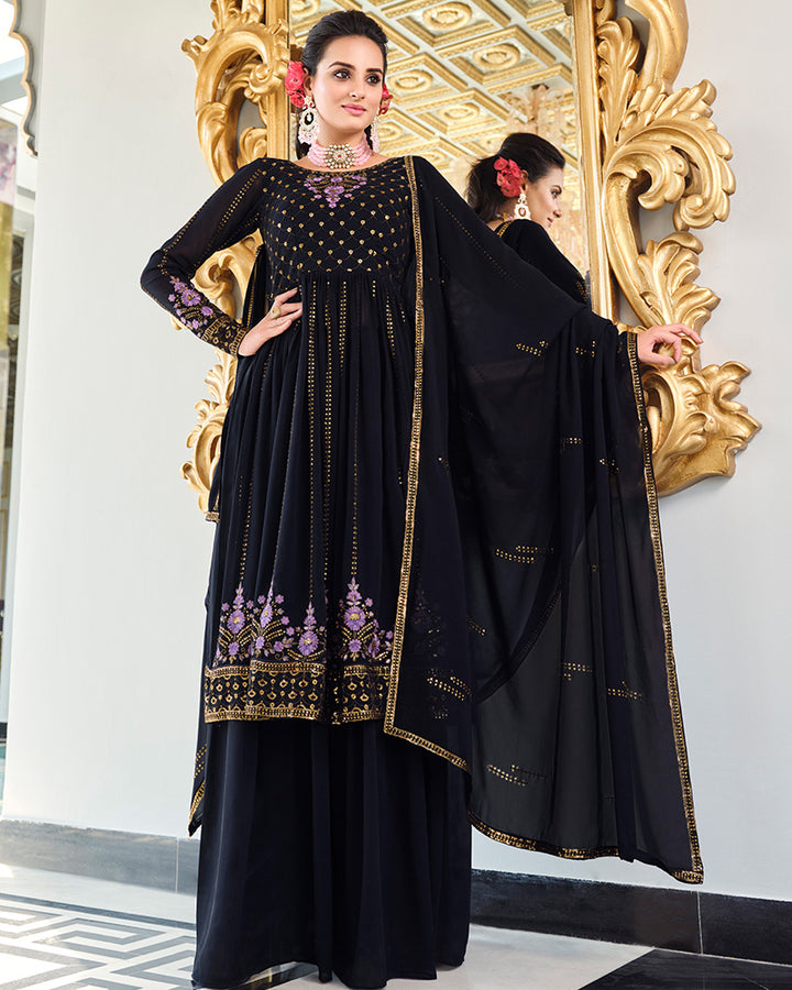Embriodered Dark Blue Color Georgette Three Piece Palazzo Suit