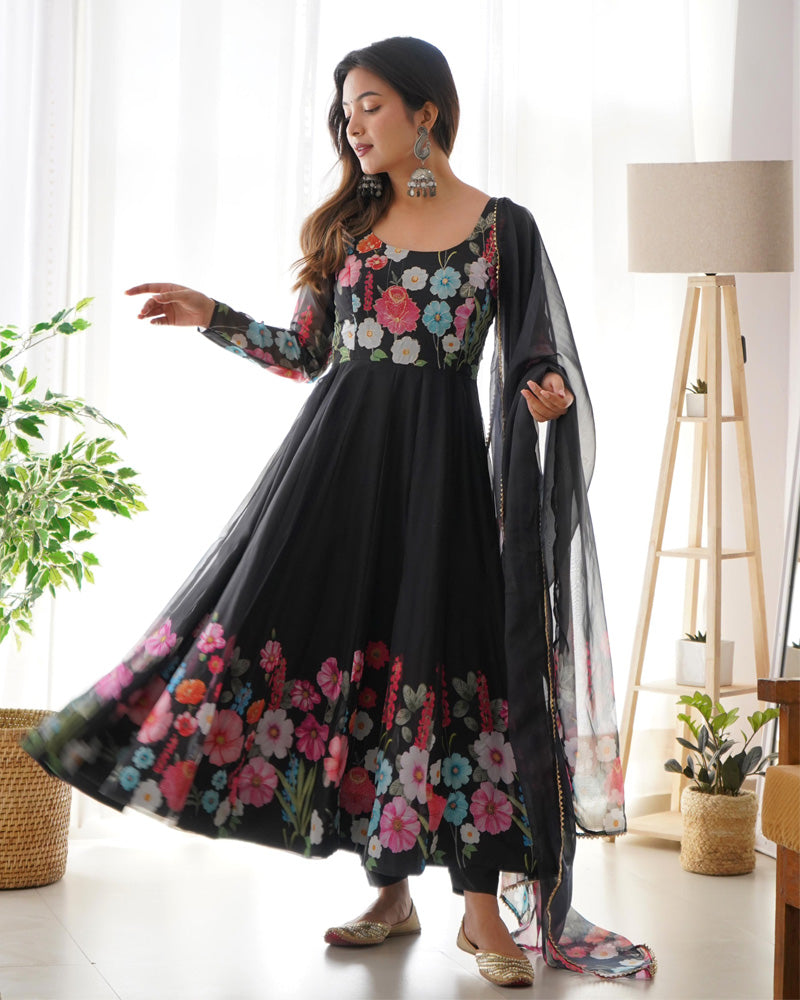 Black Floral Printed Organza Anarkali Suit