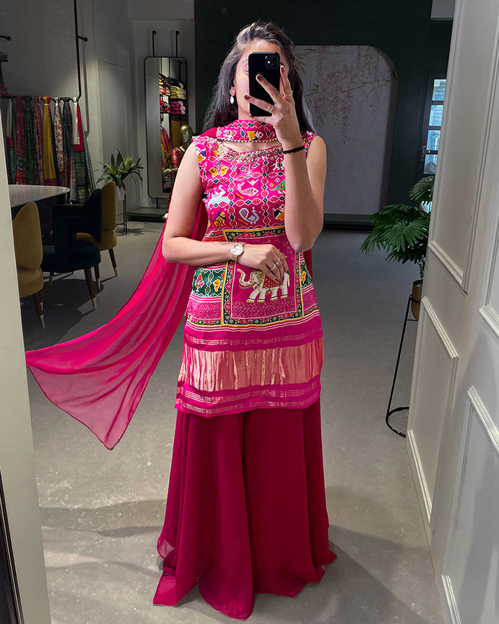 Pink Color Gaji Silk Three Piece Plazzo Suit