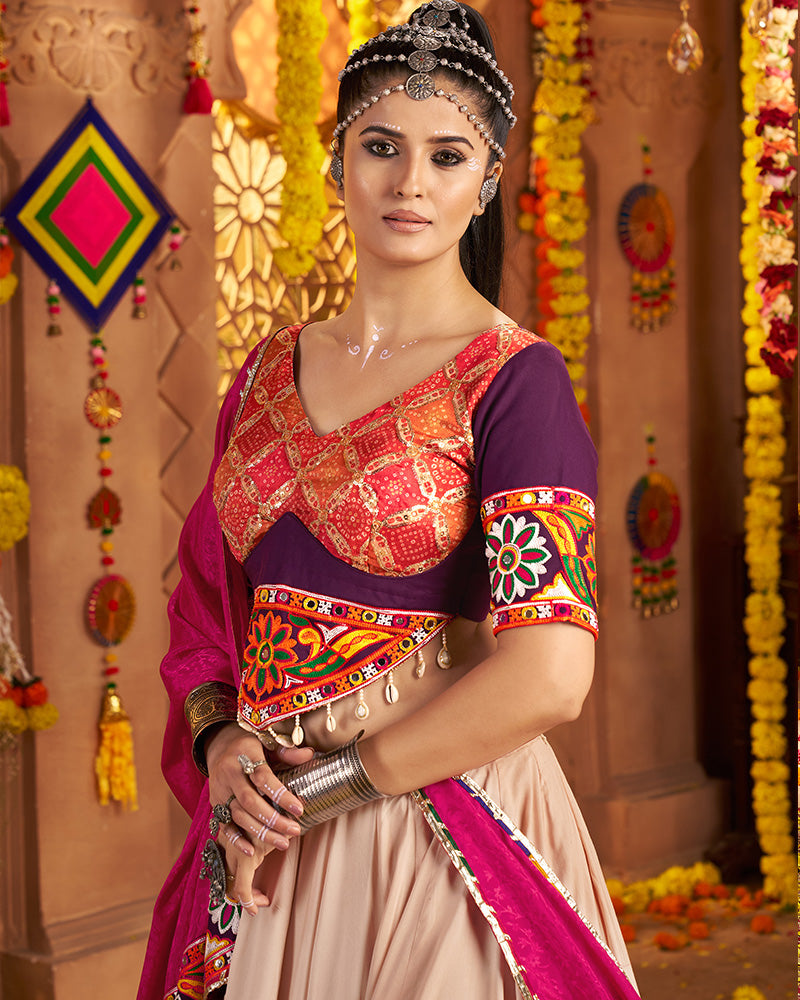 Elegant Beige and Maroon Navratri Lehenga Choli With Rich Embroidered Accents