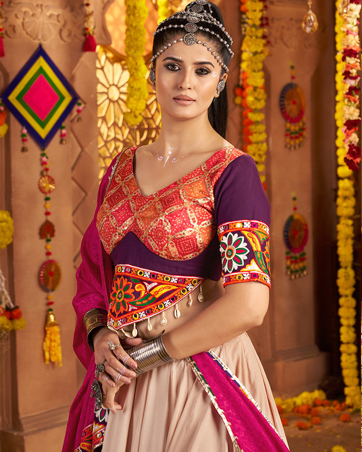 Elegant Beige and Maroon Navratri Lehenga Choli With Rich Embroidered Accents