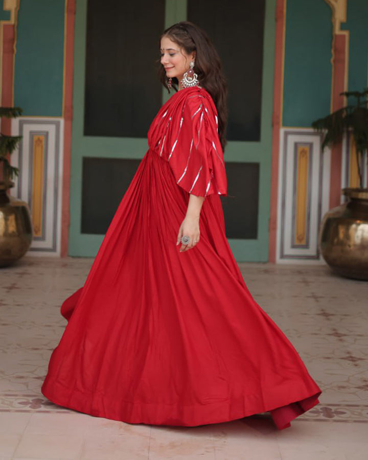 Navratri Special Maroon Color Reyon Gamthi Work Gown
