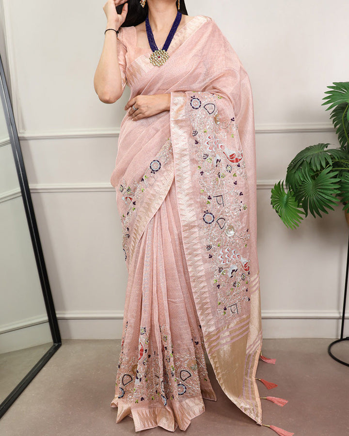 Peach Color Embroidered Kota Tissue Saree