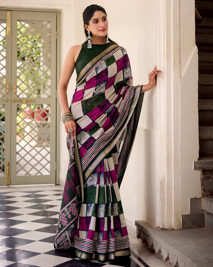 Green Color Polyester Chanderi Printed Saree