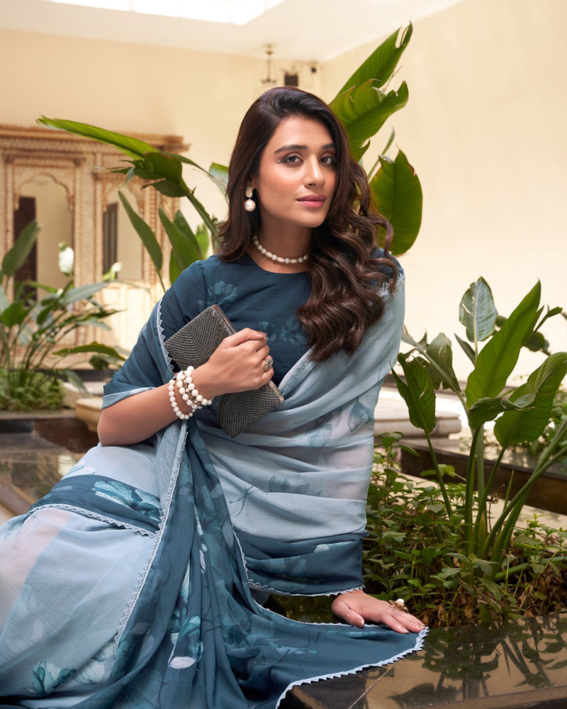 Designer Bottle Green Color Weightless Marble Printed Saree