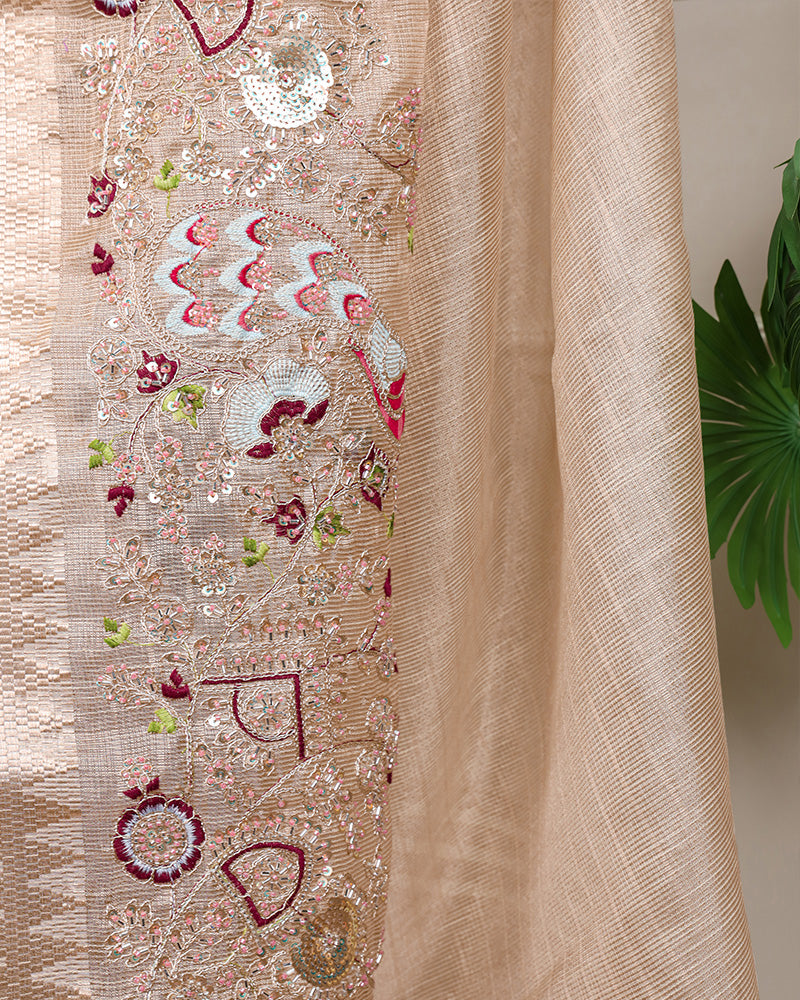 Cream Color Embroidered Kota Tissue Saree