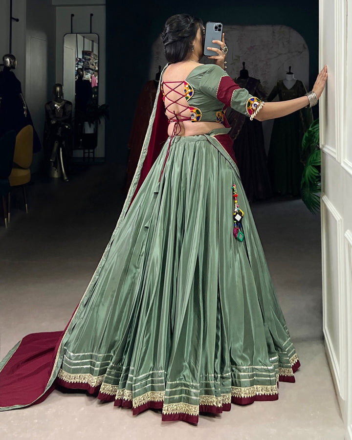 Charming Pista and Maroon Silk Crape Lehenga Choli With Traditional Touch