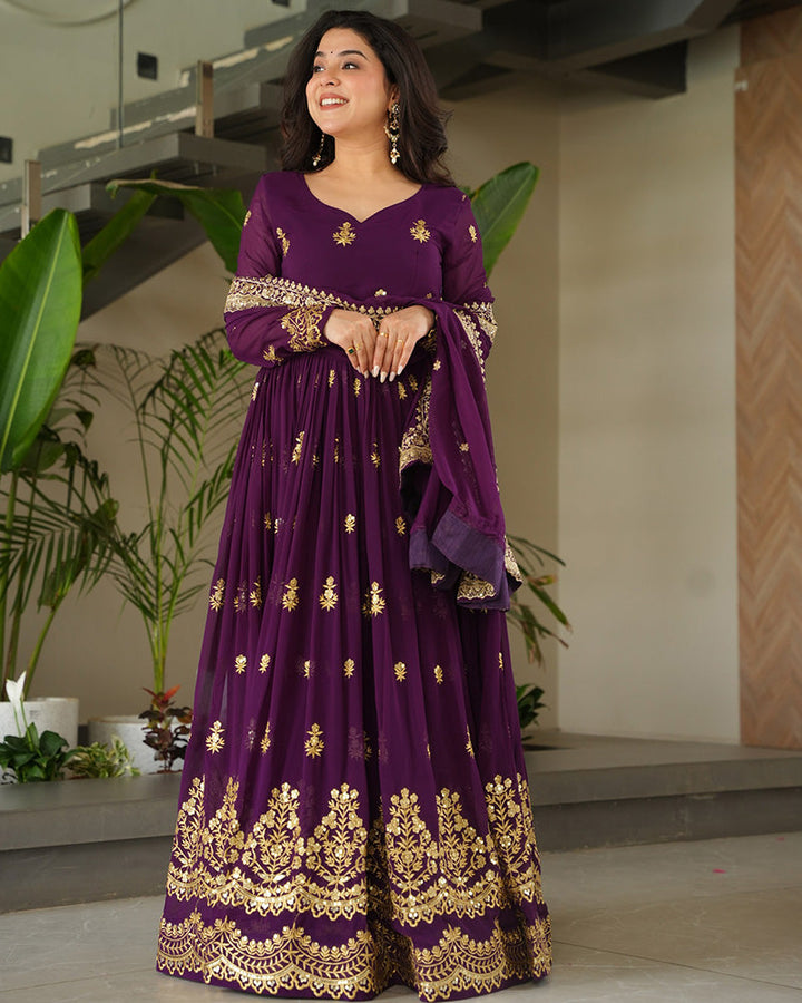 Purple Color Designer Blooming Embroidered Gown
