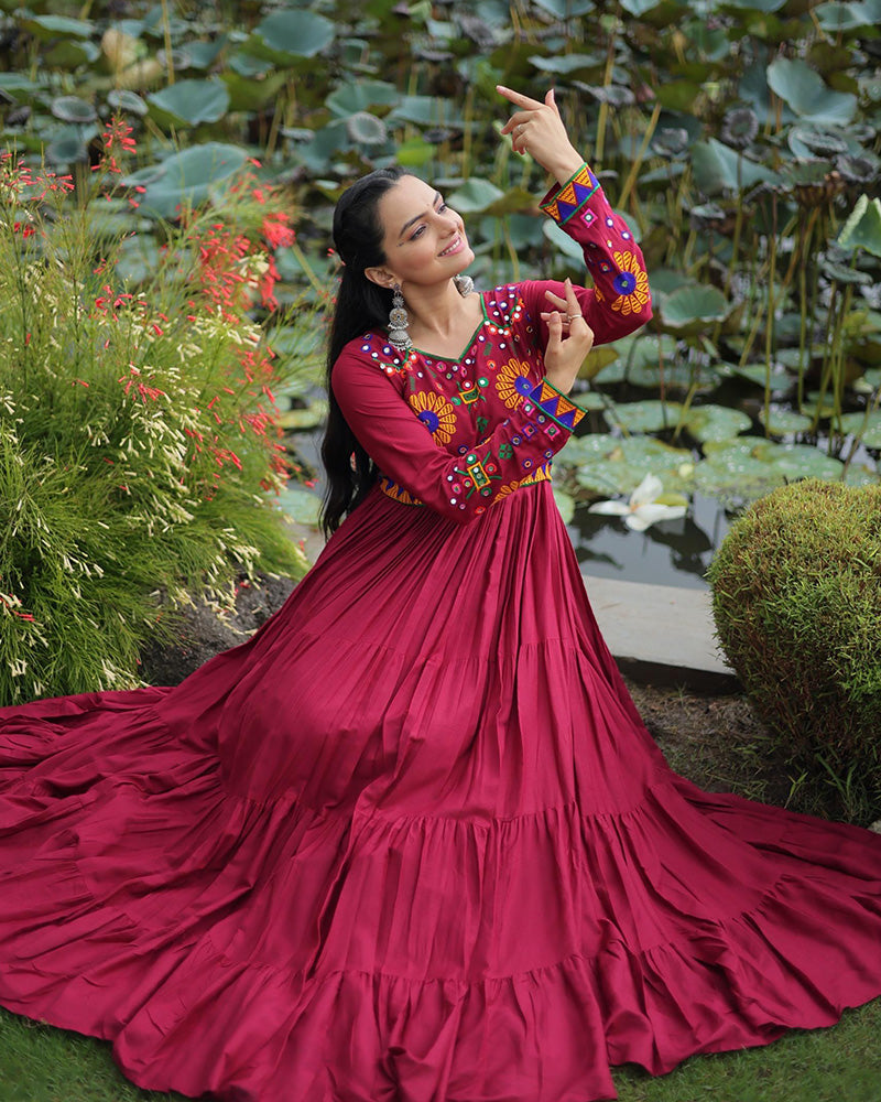 Navratri Special Maroon Color Reyon Gamthi Work Gown