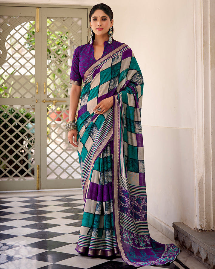 Purple Color Polyester Chanderi Printed Saree