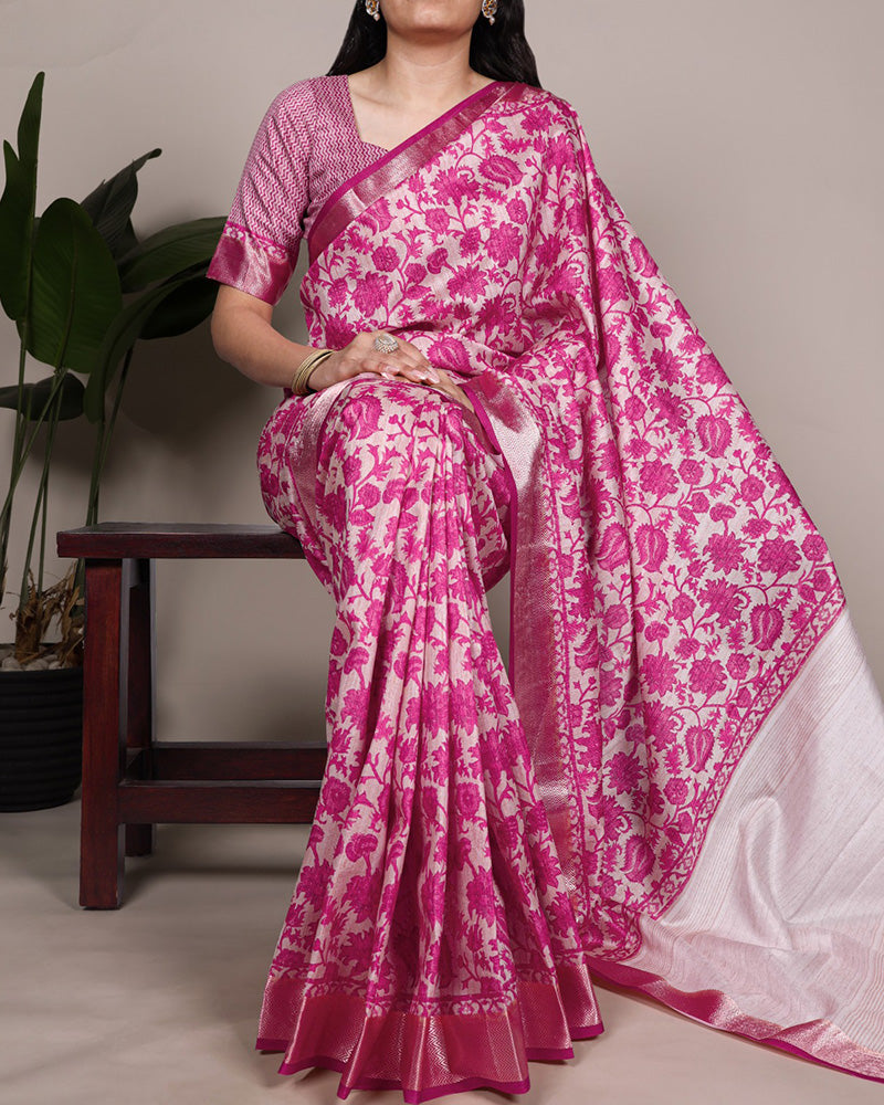 Pink Color Designer Tasar Silk Printed Saree