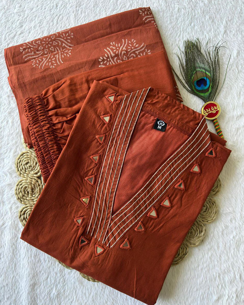 Rust Orange Color Pure Cotton Three Piece Kurti Suit