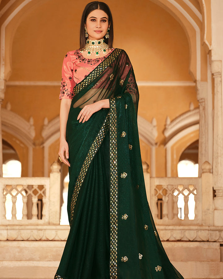 Green Color Chinnon Sequence Saree