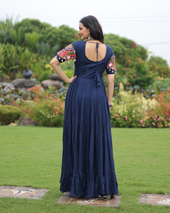 Navratri Wear Royal Blue Color Rayon Gamthi Work Gown