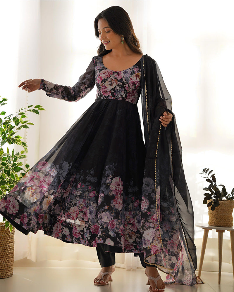 Black Color Organza Silk Three Piece Anarkali Suit