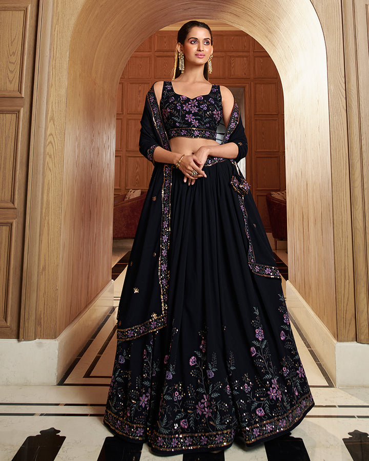 Georgette Navy Blue Color semi Stitched Lehenga Choli