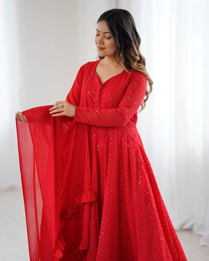 Red Color Soft Georgette Embroidered Lucknowi Anarkali Suit