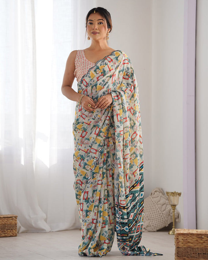 Off-White Color Chinnon Silk Printed Saree