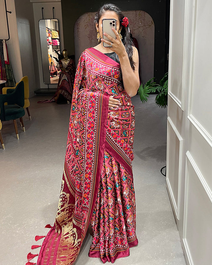 Maroon Color Pure Gaji Silk Lagdi Patta Patola Printed Saree