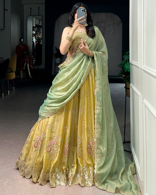 Yellow Color Moss Silk Embroidered Lehenga Choli