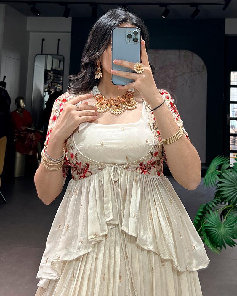 Off-White Color Chocolate Silk Embroidered Lehenga Choli