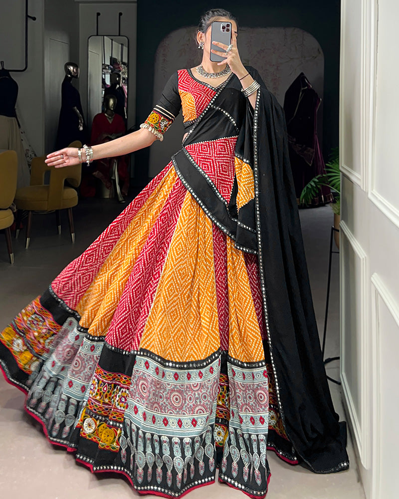 Red And Yellow Color Traditional Rayon Navratri Lehenga Choli