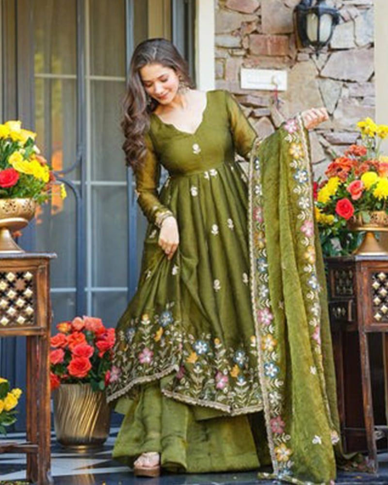 Mehndi Color Crunchy Silk Embroidered Sharara Suit