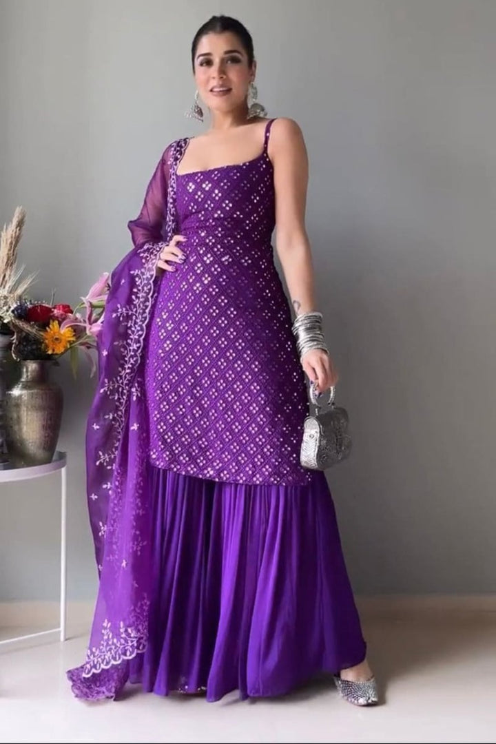 Purple Sequence Work Three Piece Sharara Suit