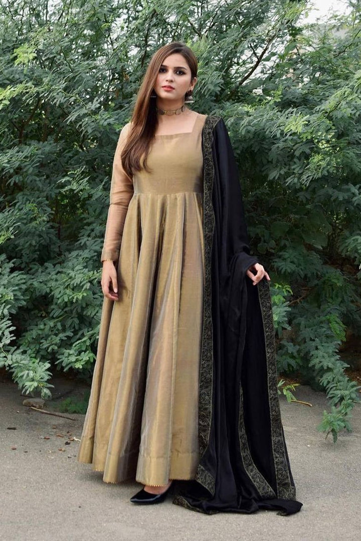 Designer Bronze Gold Lama Anarkali Gown With Dupatta