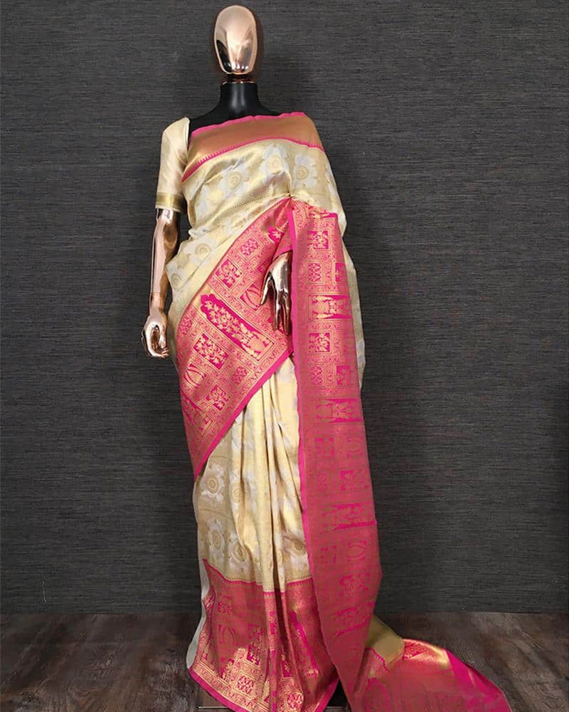 Beautiful Weaving Zari Work Golden Pink Banarasi Silk Saree