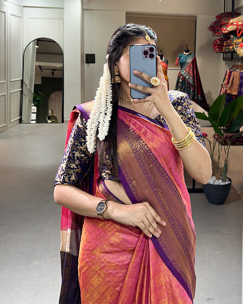Designer Pink Color Kanjivaram Saree With Zari Weaving Work