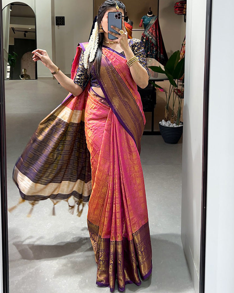 Designer Pink Color Kanjivaram Saree With Zari Weaving Work
